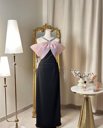 5736 -فستان سهرة فاخر بفيكونة وردية