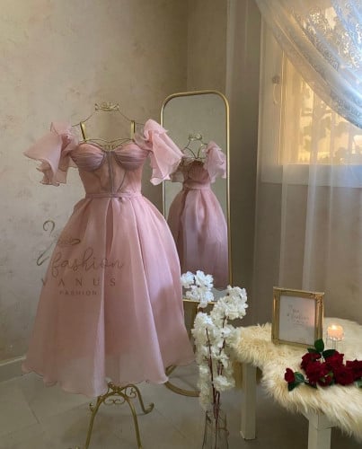 فستان سهرة ميدي  وردي  3208