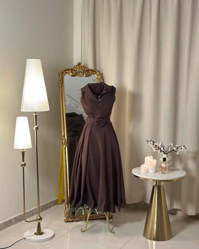 5713 -فستان ميدي بني بوردة جميلة