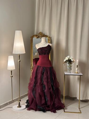 6416-  فستان ملكي بتصميم منفوش ولون برغندي