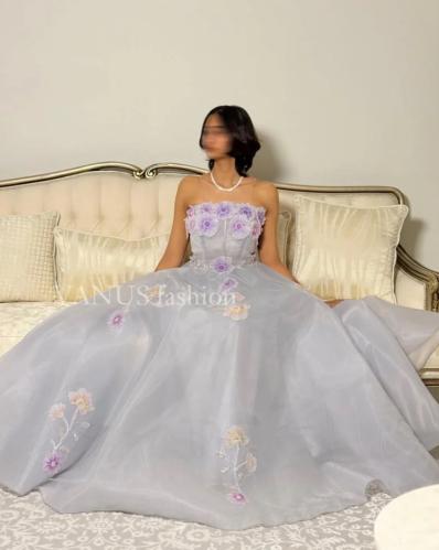 6134- فستان سماوي ناعم بتطريز زهور أنيق