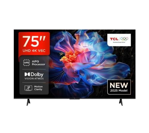 شاشة تي سي ال سمارت LED، مقاس ٧٥ بوصة ، دقة 4K UHD، تحكم صوتي، + HDR10، نظام تشغيل جوجل - 75V6C