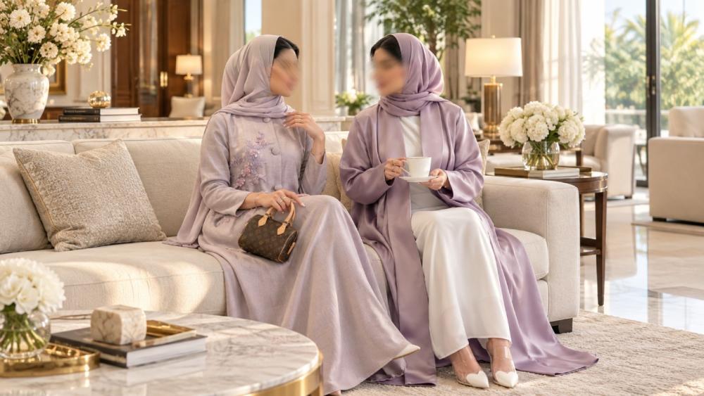 نساء ترتدي عبايات خامتها من قماش بونجيه من متجر عامرية