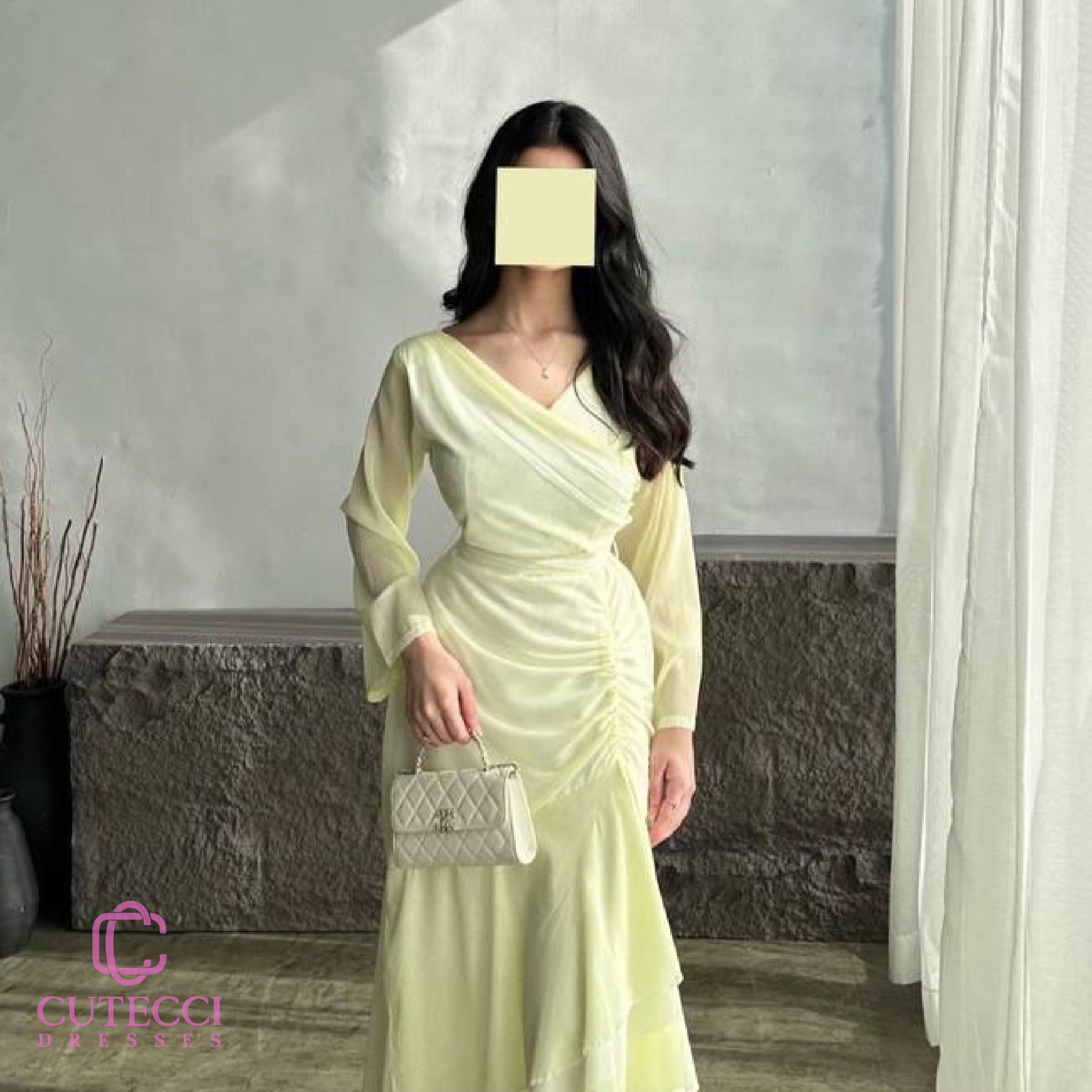 فستان ليموني ناعم بأكمام طويلة وقصة جذابة من Cutecci
