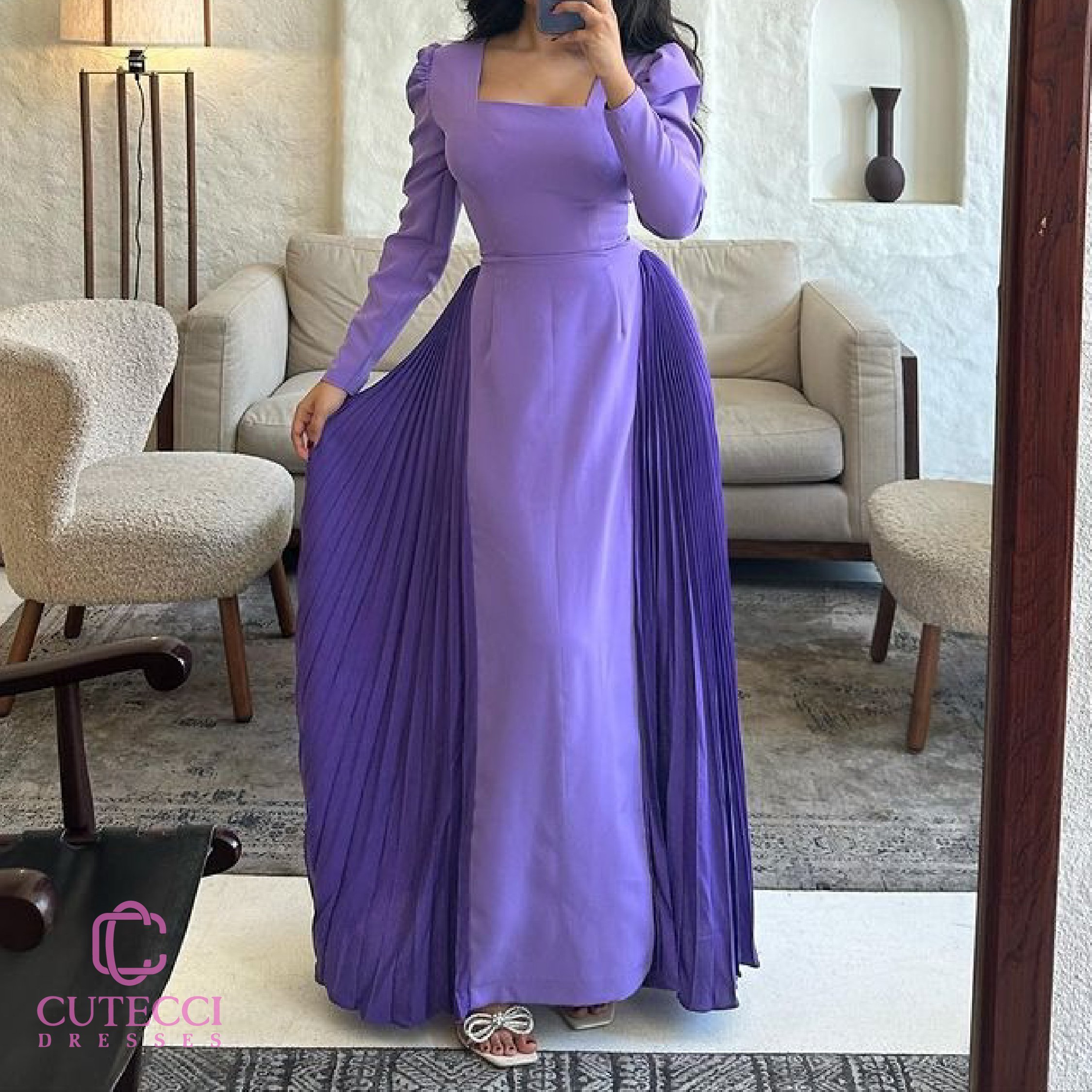 فستان العيد البنفسجي بستايل الطيات من Cutecci فساتين أنيقة للمناسبات