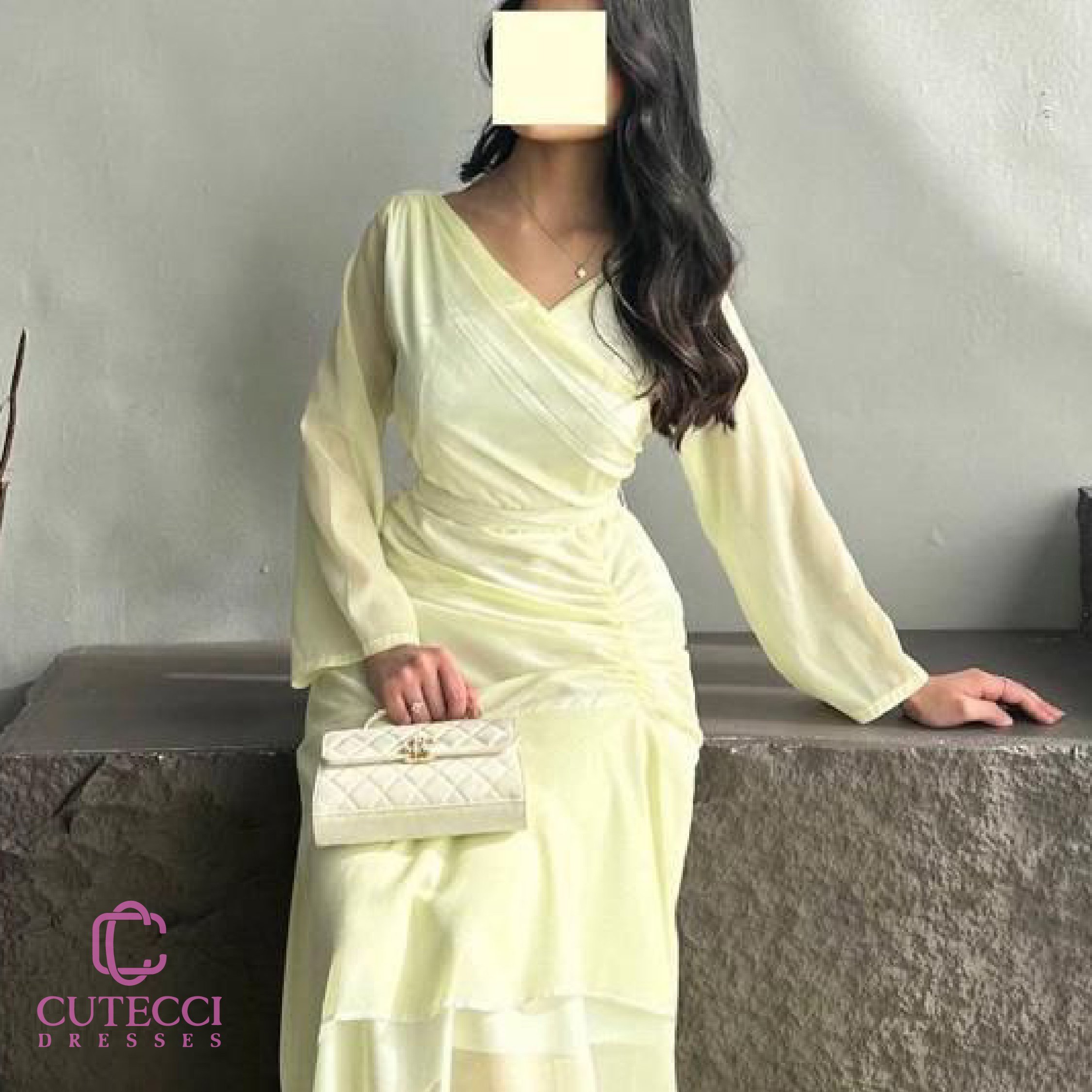 فستان ليموني ناعم بأكمام طويلة وقصة جذابة من Cutecci