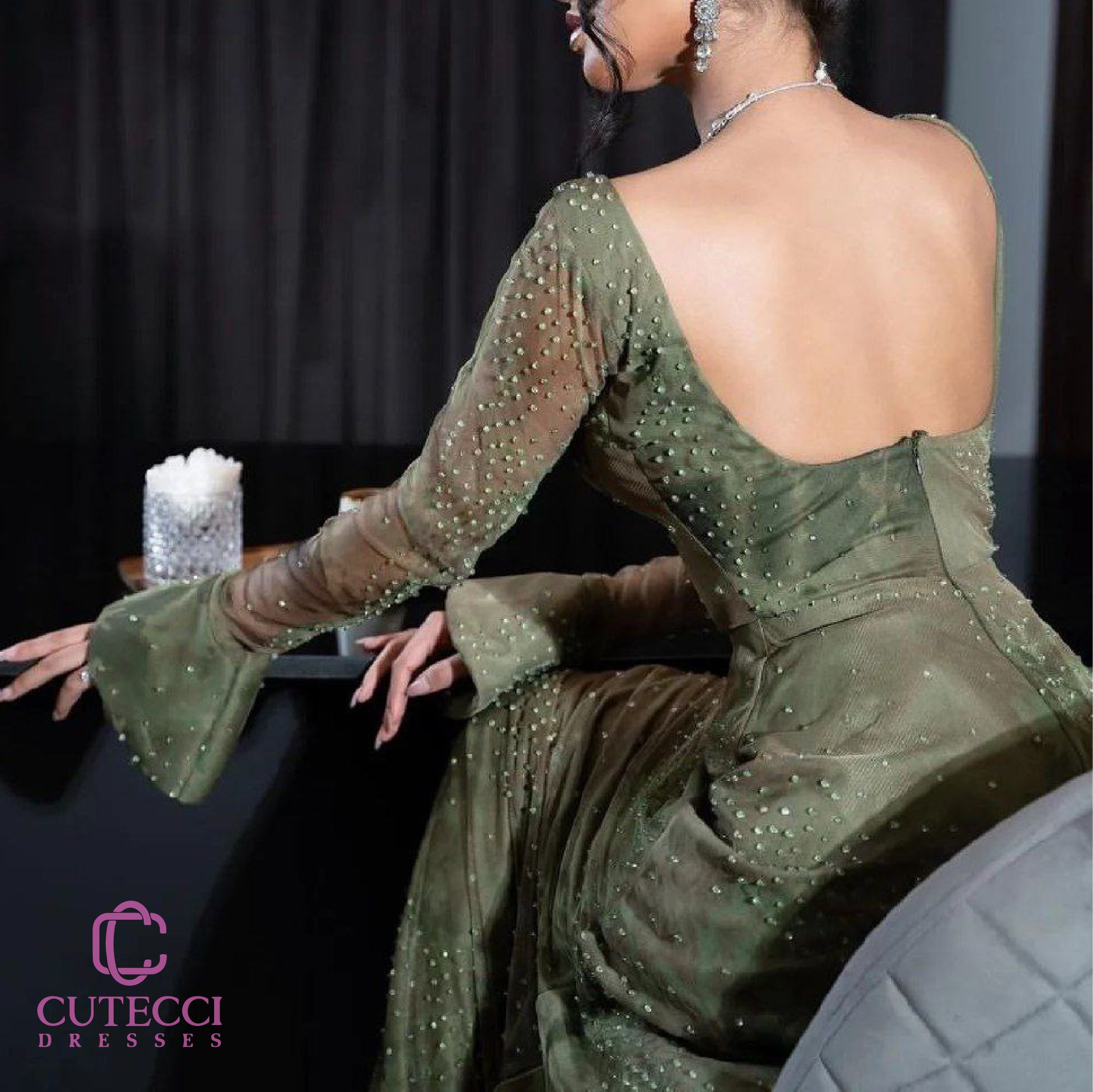 فستان سهرة زيتوني مرصع فصوص فخم أنيق للسهرات