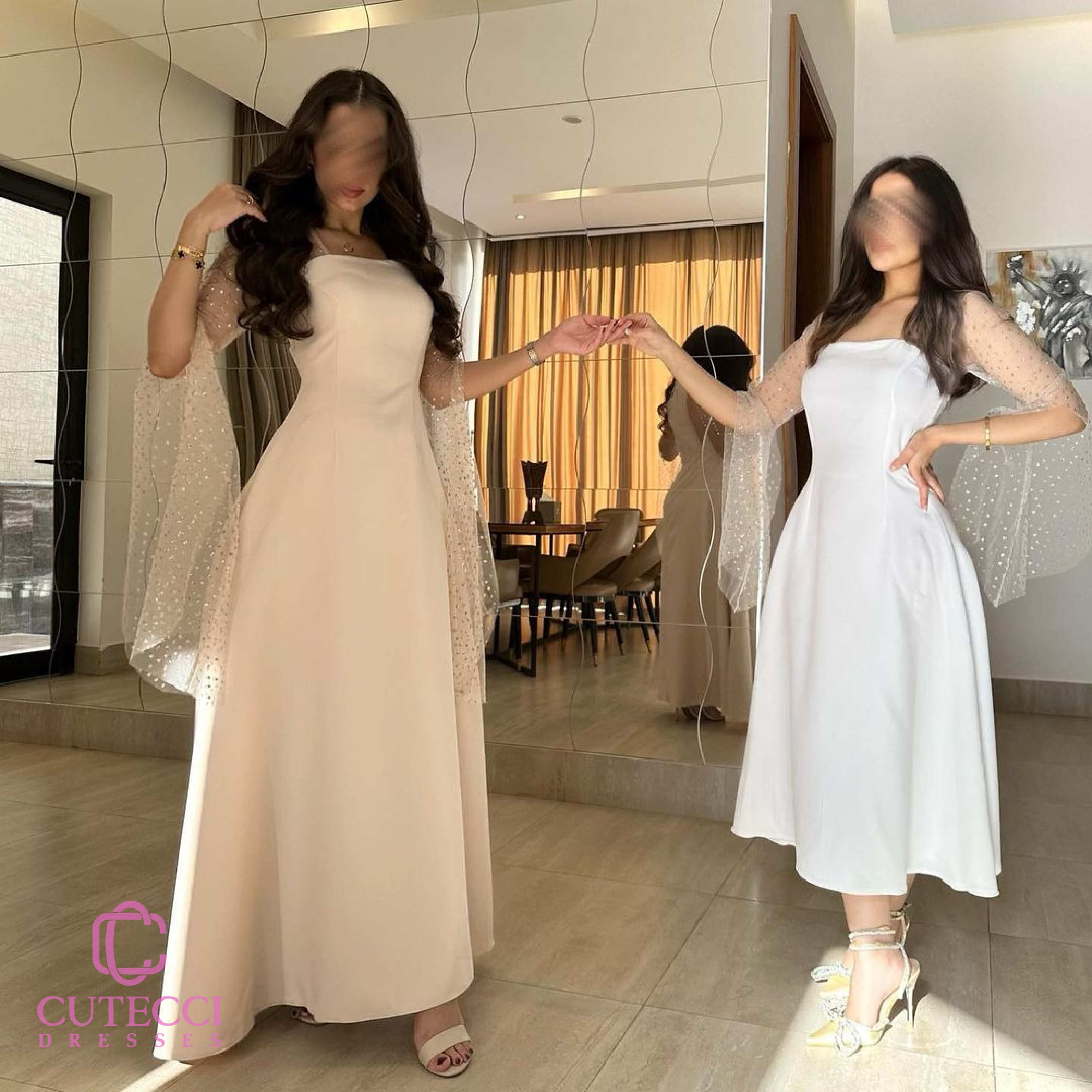 فستان سهرة كم منقط ذهبي بألوان ناعمة وتصميم أنثوي ناعم