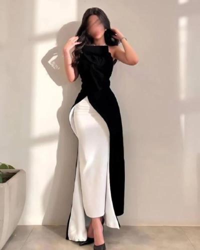 فستان كريب استرتش اسود ليكرا ابيض باربي
