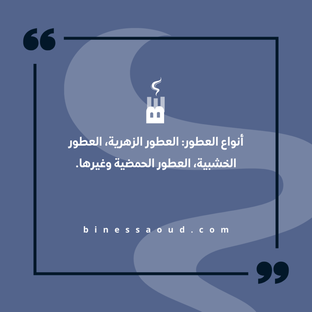 أنواع العطور: العطور الزهرية، العطور الخشبية، العطور الحمضية وغيرها.