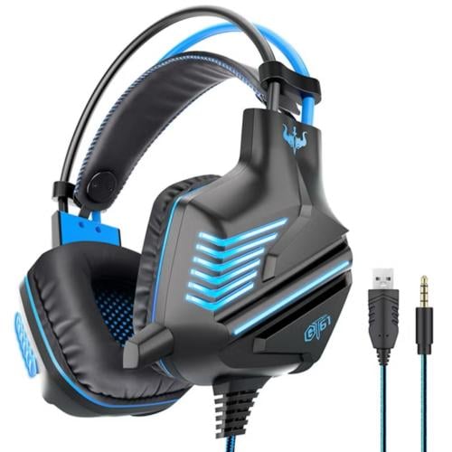 سماعة رأس Ovleng تغطي الأذن للألعاب بإضاءة LED، سماعة رأس رياضية مع ميكروفون للتحكم في مستوى الصوت بلاي ستيشن  مع منفذ USB،