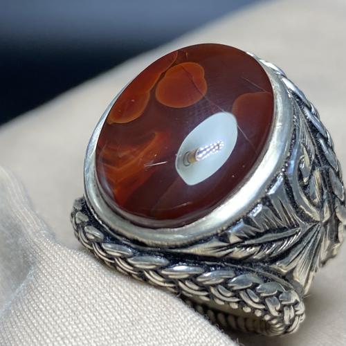 خاتم فضة بحجر العقيق اليماني الاحمر الياقوتي المزعفر المميز صياغة سلك الوليف 980