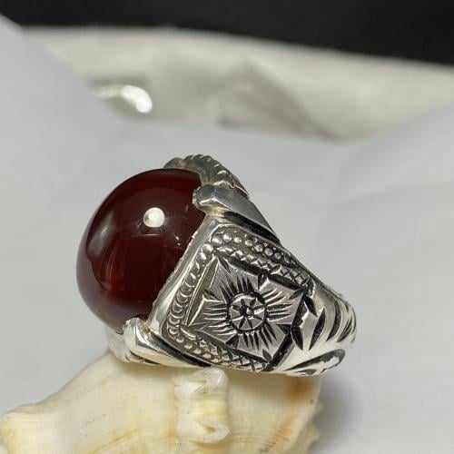 خاتم فضة بحجر العقيق اليماني قبة كرزي صياغة الوليف بختم الرفاعي