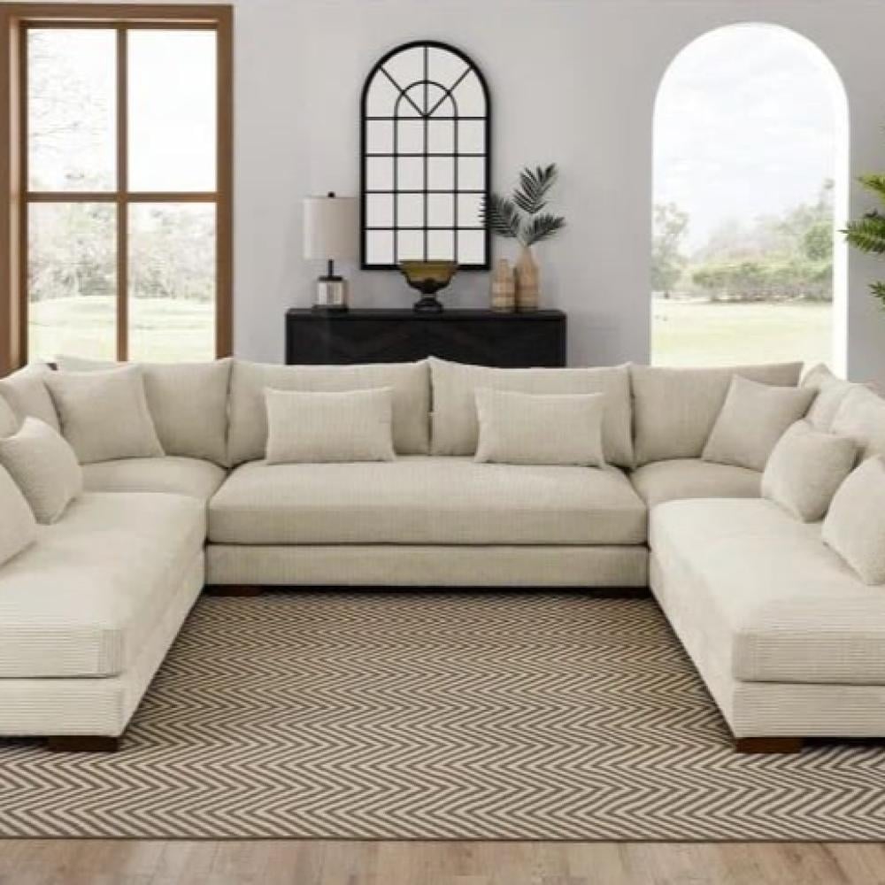 كنب زاوية U بيج فاخر - ديكور معيشة عصري للسعودية