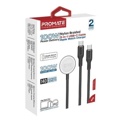 شاحن ساعة مع كيبل تايب سي 100w بطول 140cm اسود من بروميت fusion-ccw