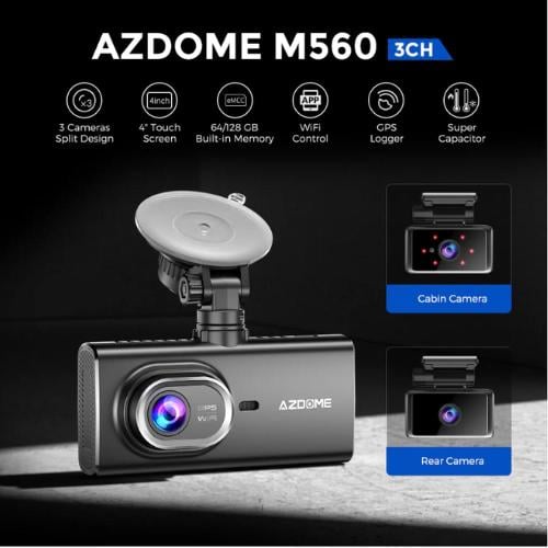 Azdom 4K Dash Cam 3-Channel Front, Rear, and Indoor M560