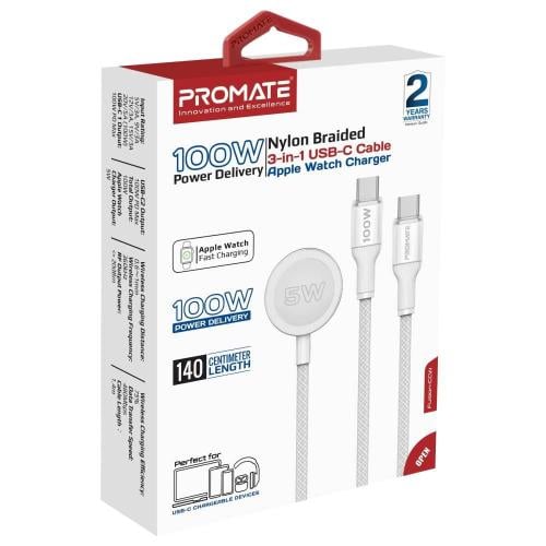 Promate Fusion-CCW 100W Watch Charger with 140cm Type-C Cable, White