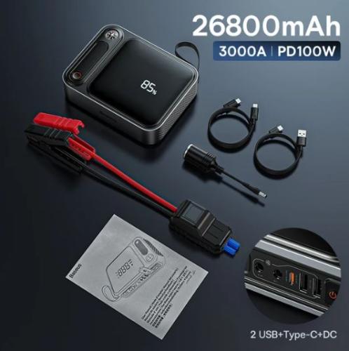 اشتراك سياره بقوة 3000A بسعة 66000MAH من شركة baseus بقوة 100w