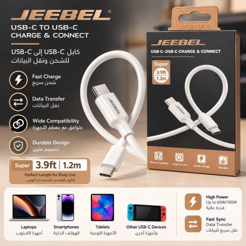 كيبل 1.2متر C-C 60W ربل ابيض من JEEBEL je-b316
