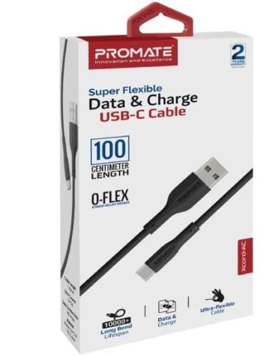كيبل 1متر USB - USB-C ربل اسود من PROMATE xcord-ac