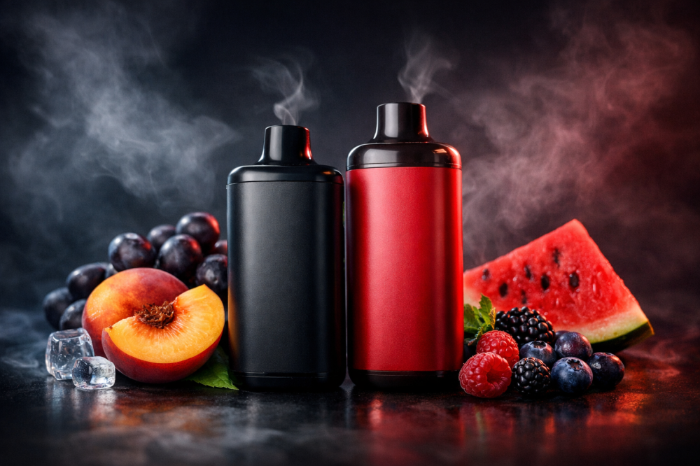 سحبات مزاج بنكهة فواكه وآيس مع جهازين وخلفية بخار