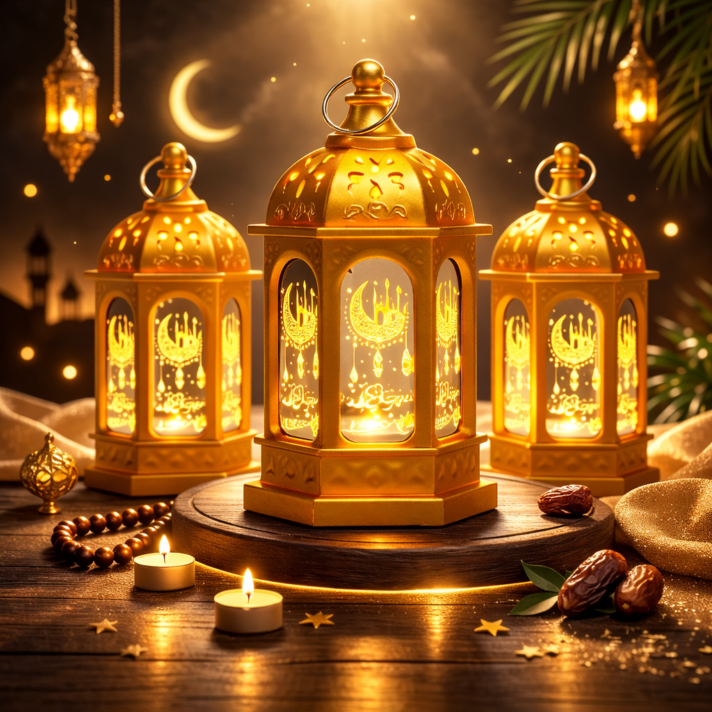 3 قطع من مصابيح LED المضيئة لزينة رمضان فانوس رمضان مبارك باللون الذهبي