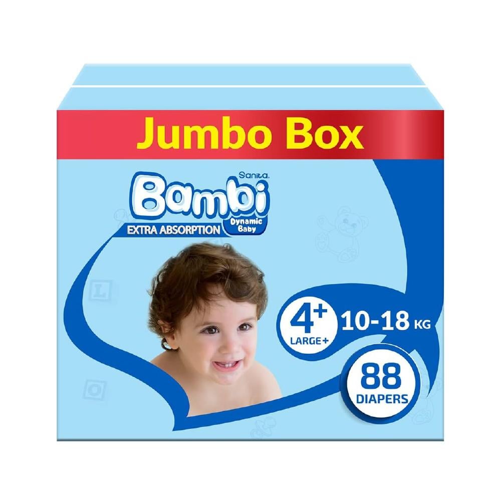 SANITA BAMBI EXTRA ABSORBTION BABY DIAPERS JUMBO BOX NO 4+ LARGE+ 10-18KG 88 DIAPERS