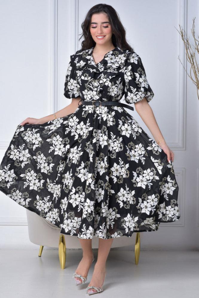 Black embroidered floral cloche dress المقاس:(M)