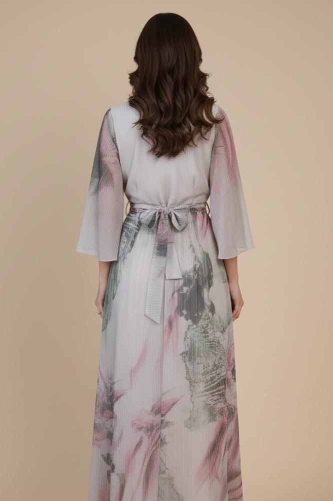 Beige floral print pleated maxi dress المقاس:(M - 38)