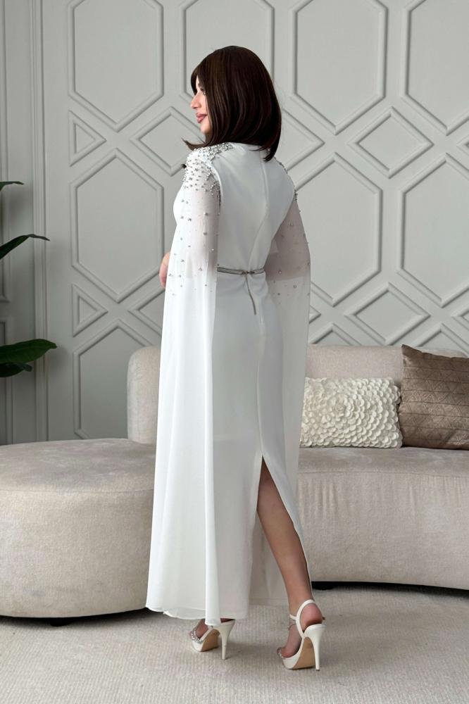 White chiffon cape sleeve midi dress المقاس:(XXL - 44)