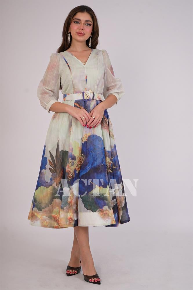 Elegant blue floral midi dress المقاس:(S - 36)