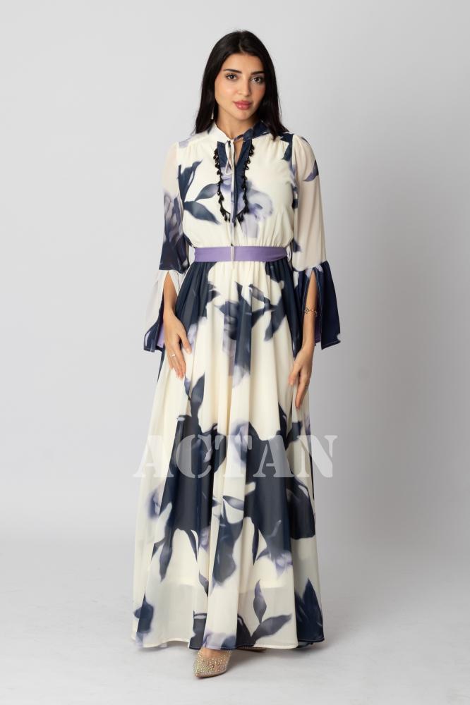 Long floral print dress with fringe المقاس:(L - 40)