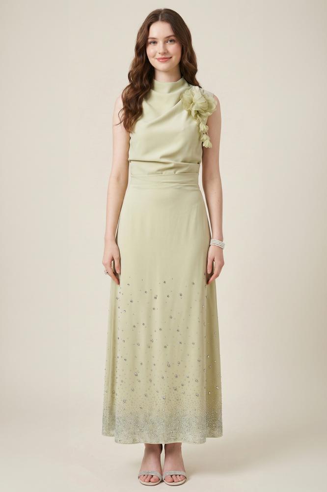 Light green draped dress with rose brooch المقاس:(L - 40)