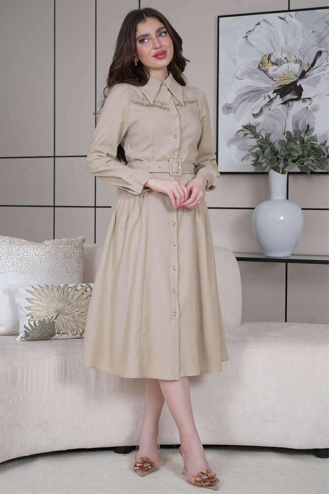 Beige linen midi dress with pockets المقاس:(M - 38)