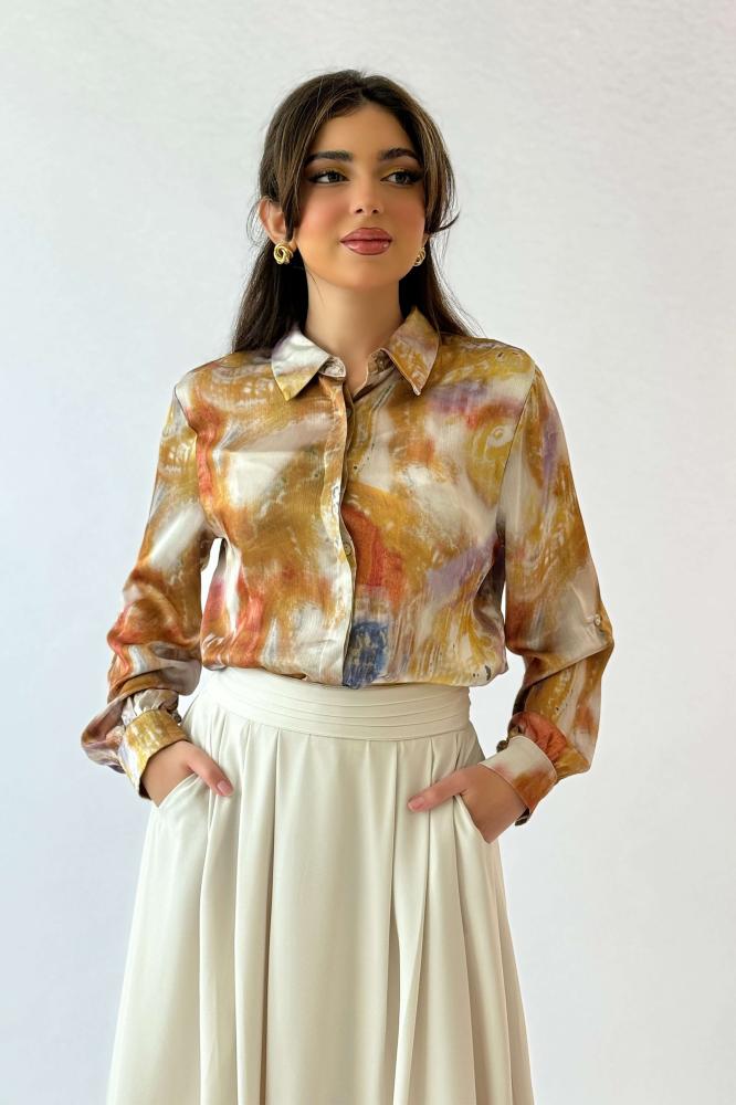 Orange Wave Print Turn-Down Collar Shirt المقاس:(XXL - 44)