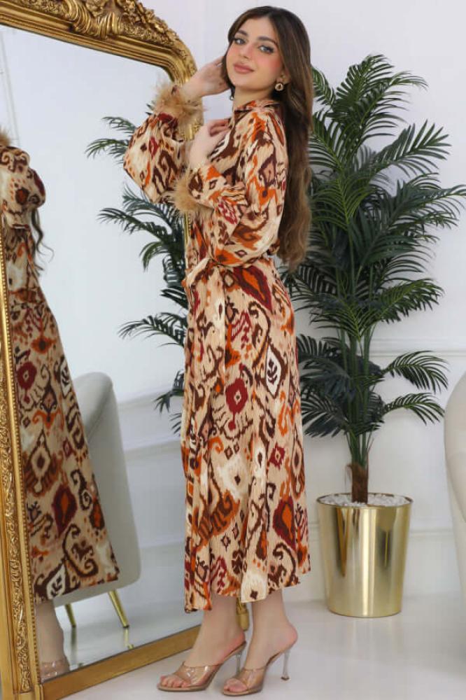 Brown feathered sleeve wrap dress المقاس:(L - 40)