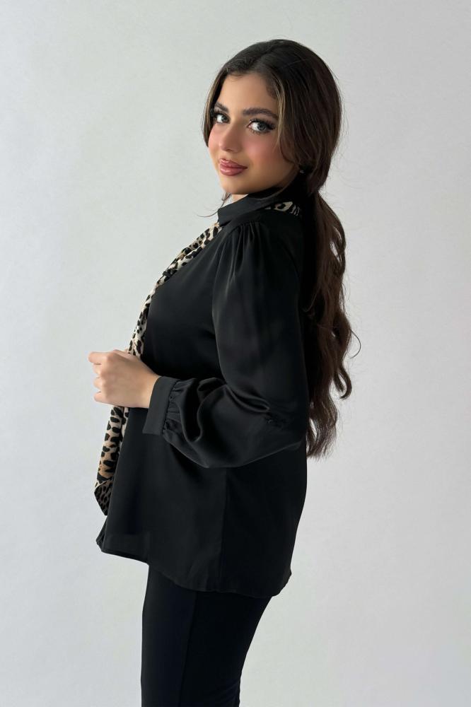 Black satin blouse with leopard print المقاس:(L - 40)