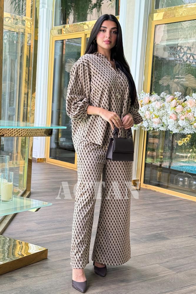 Abstract Print Blouse and Wide Leg Pants Set المقاس:(L - 40)