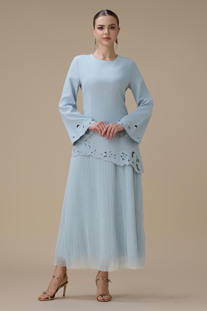 فستان طويل ازرق بطبقتين بتصميم ناعم المقاس:(XXL - 44)