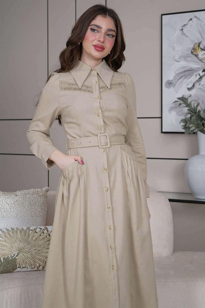Beige linen midi dress with pockets المقاس:(M - 38)