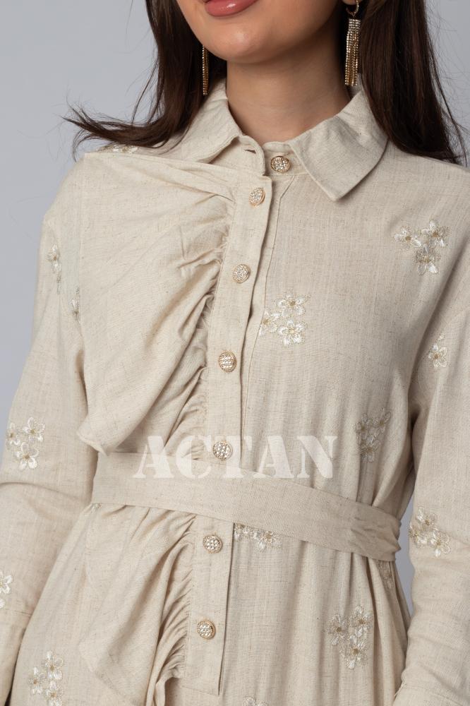 Beige linen maxi dress المقاس:(L - 40)
