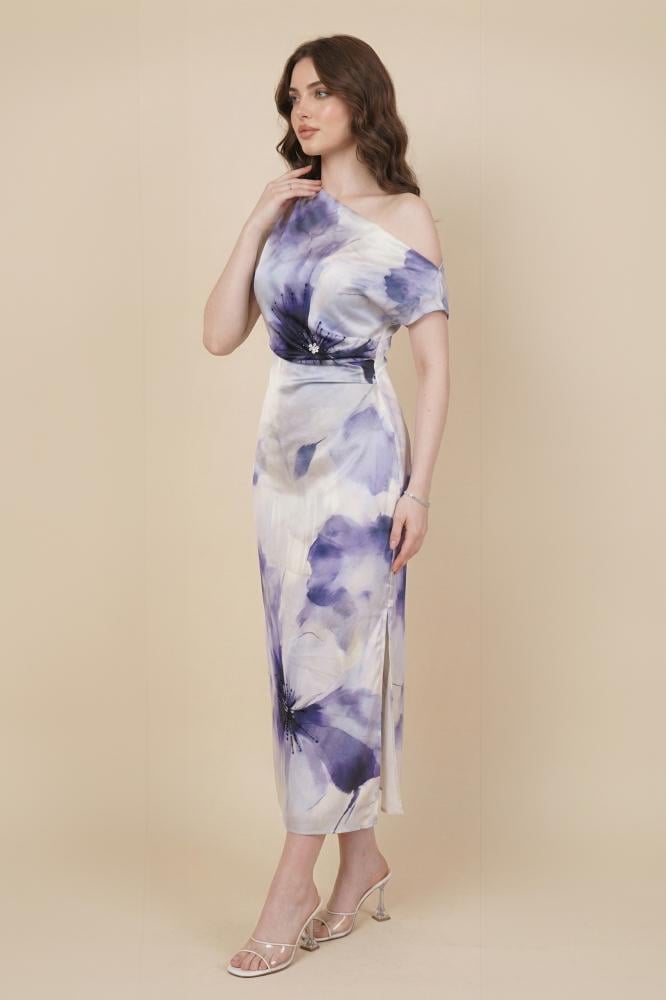 Purple Floral Print Bodycon Dress المقاس:(L - 40)
