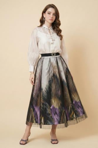 Black Floral Print Tulle Shirt and Skirt Set المقاس:(S - 36)