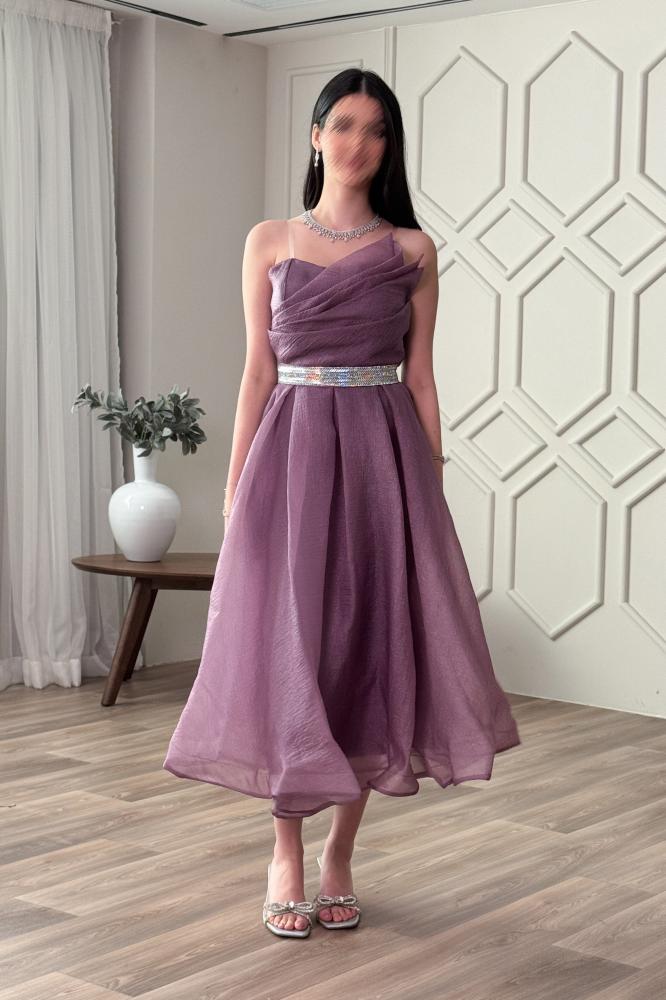 Purple shiny belted cloche dress المقاس:(L)