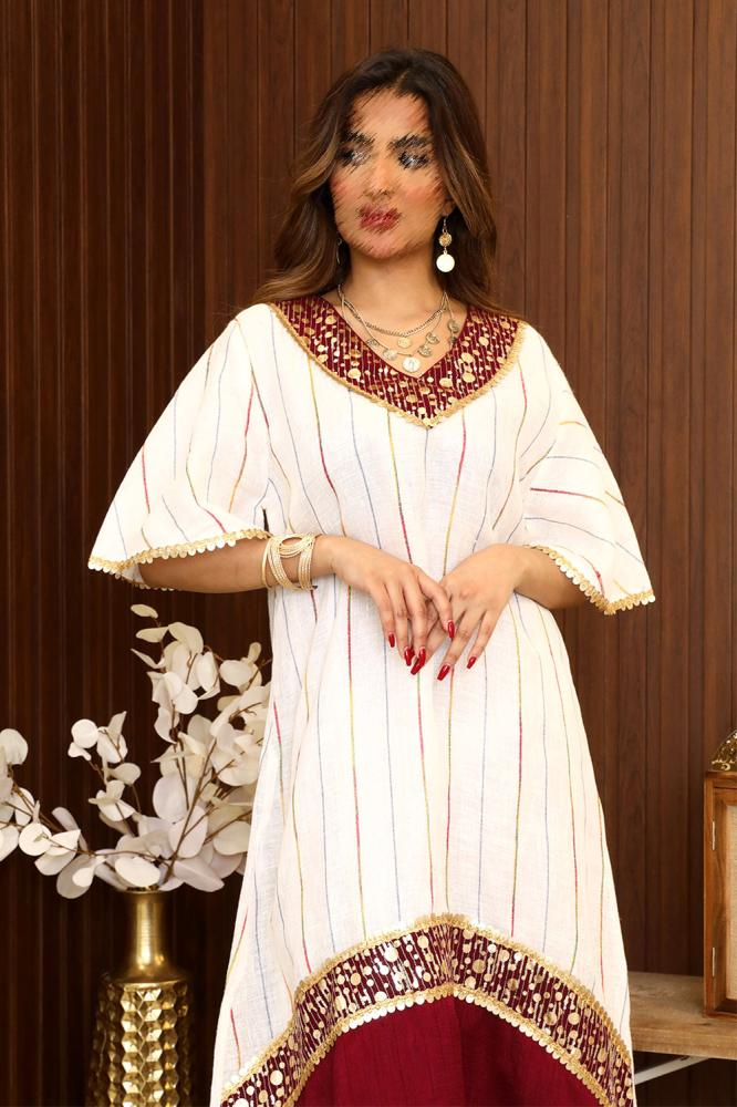 Striped midi jalabiya with gold detailing المقاس:(L)