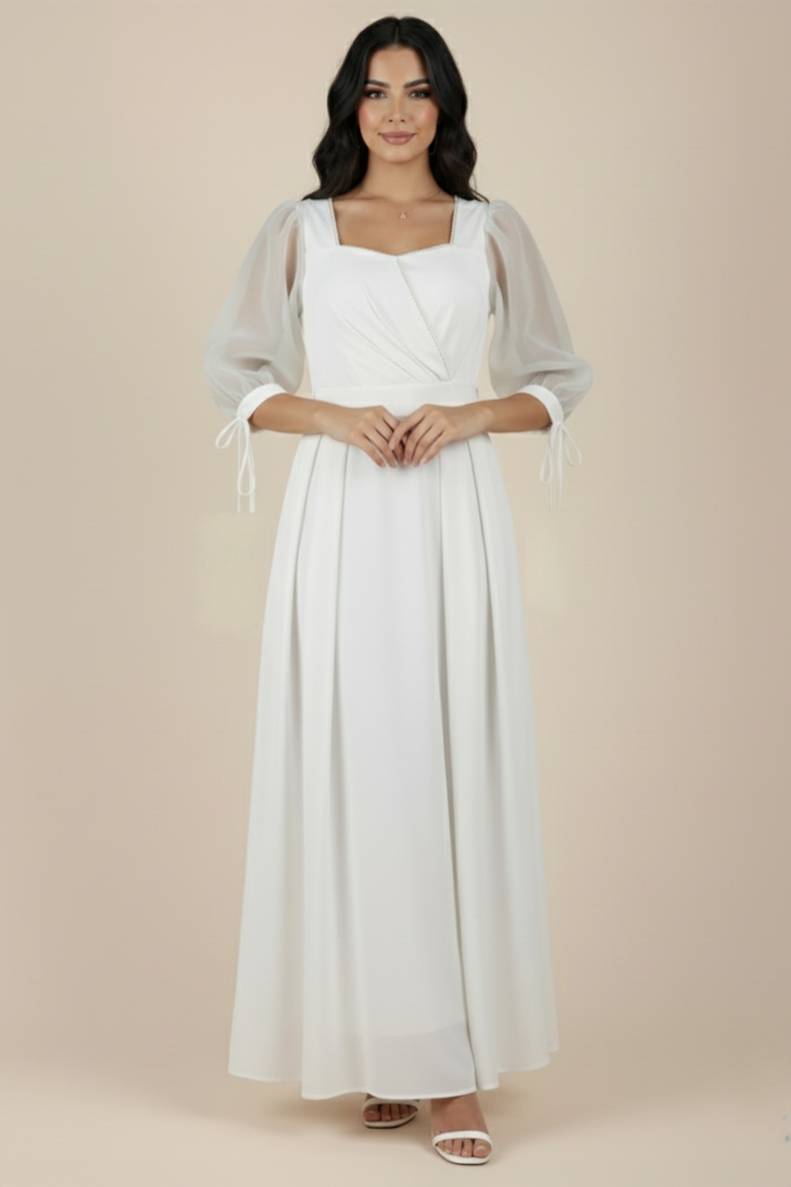 White satin midi dress with crystal embroidery on the chest