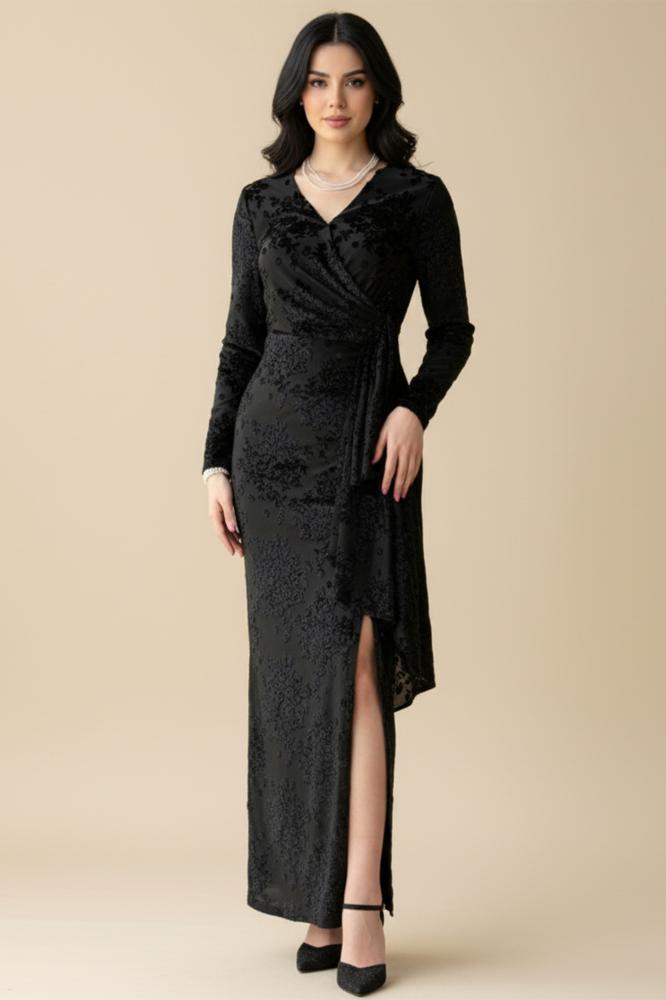 Draped velvet floral print dress المقاس:(XXL - 44)