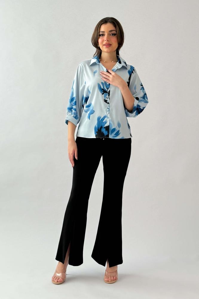 Blue 3/4 Sleeve Floral Print Satin Shirt المقاس:(L - 40)