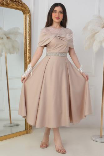 Beige Embroidered Off Shoulder Midi Dress المقاس:(L - 40)