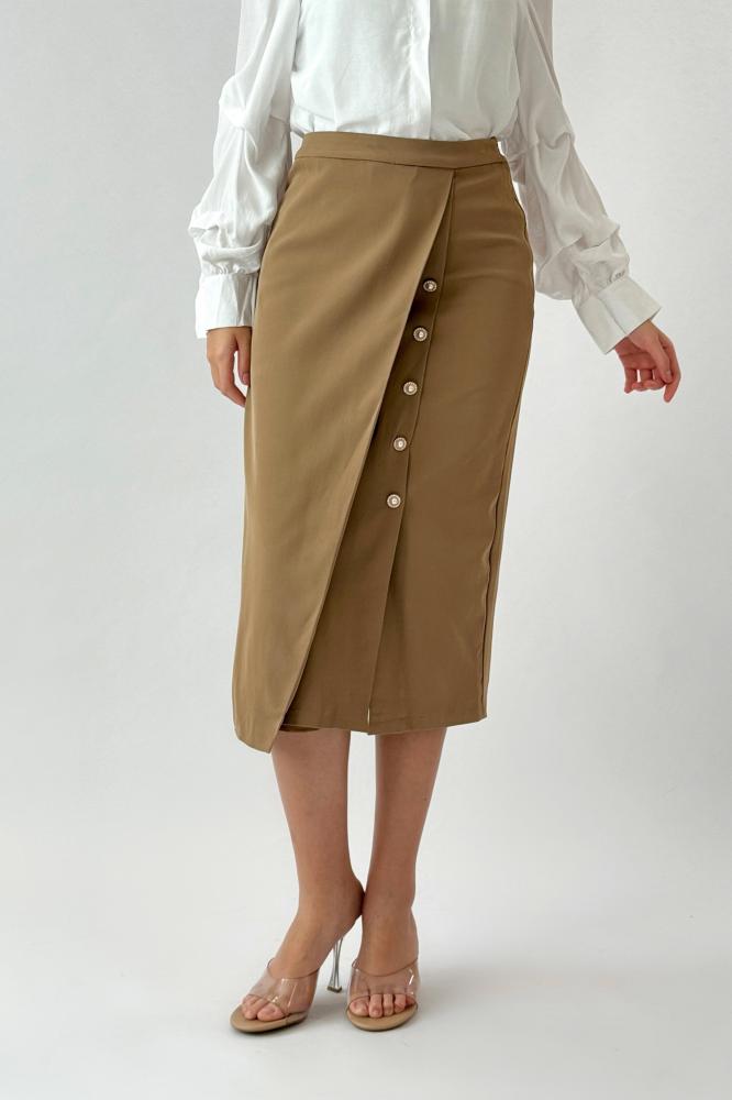 Beige Bazarir Lulu midi skirt المقاس:(L)